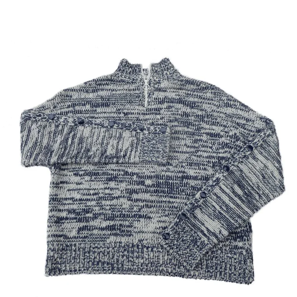 WooL CaSHMeRe ALPaCa Akris Punto Knit Sweater Quarter Zip Navy White Marled 12